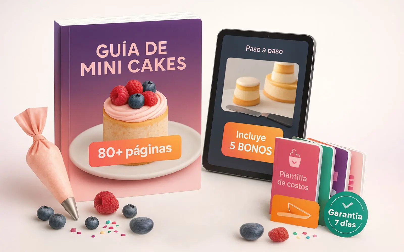 Mockup de la Guía de Mini Cakes: libro y paso a paso en tablet, 5 bonos, planilla de costos y garantía de 7 días