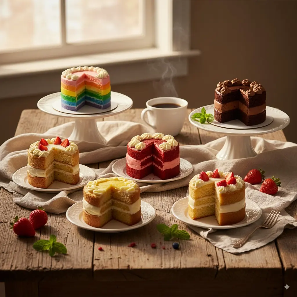 Variedad de mini cakes decorados con diferentes técnicas - chocolate, frutas y flores comestibles